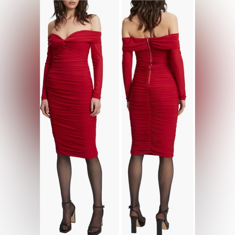 NWT Bardot Ruched Off the Shoulder Long Sleeve Mesh Dress